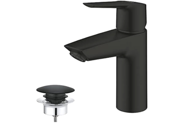 Grohe GROHE Start - Smidig tvättställsblandare med push-open popup-avfallsset (metallspak, 28 mm keramisk patron, energi- och vattenbesparande teknik, svansar 3/8 tum), storlek 165 mm, matt svart, 235512432