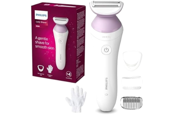 Philips  Lady Shaver Series 6000, sladdlös våt- och torrakning för kroppen, med fyra tillbehör, trimkam och kroppsexfoliering, 40 min. Drifttid, modell BRL136/00