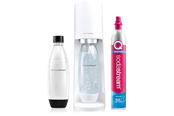 SodaStream  Terra White Gasator med 1 smält flaska 1L diskmaskinssäker och 1 ny generation Quick Connect-cylinder för gasning upp till 60 l