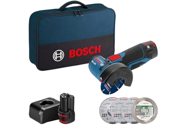 Bosch  Professional system 12V: akumulatorowa szlifierka kątowa GWS 12V-76 (2 akumulatory GBA 12V 2.0Ah, 5-częściowy zestaw tarcz tnących i szlifierskich, torba)