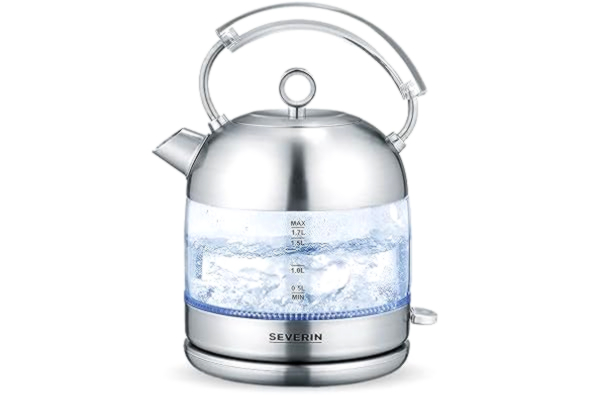 Severin SEVERIN Retro Glass Kettle, kraftfull och kompakt vattenkokare i högkvalitativ retrodesign, elektrisk vattenkokare, glas/borstat rostfritt stål, WK 3459