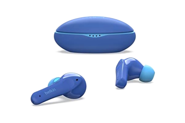 Belkin  SOUNDFORM True Wireless-hörlurar för barn, 85 dB begränsning för skydd av hörseln, online-utbildning, skola, IPX5-klassificerad, 24 tim. speltid för iPhone, iPad, Kindle med flera – Blå