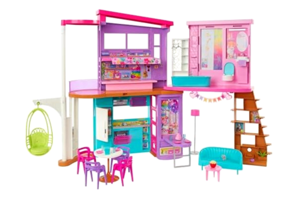 Barbie -semesterhus (106 cm), dockhuslekset med 2 våningar, 6 rum, hissgunga och mer än 30 delar, leksak för barn från 3 år, HCD50