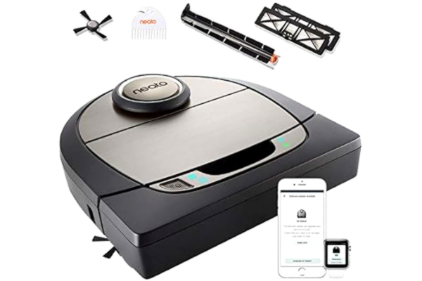 Neato Robotics  D750, Cleaner Premium Pack, Corner Cleaning Robot Vacuum with D-Shape + Exclusive Pet Accessories for Carpet and Hard Floors, App/Alexa Compatible, Silver