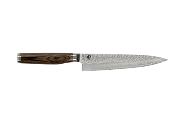 KAI  Shun Premier Tim Mälzer japansk universalkniv 16,5 cm bladlängd – VG-MAX kärna 61 HRC, 32 lager damast högglanspolerad – paketkawood mellanbrun – hammarslagyta – Tillverkad i Japan