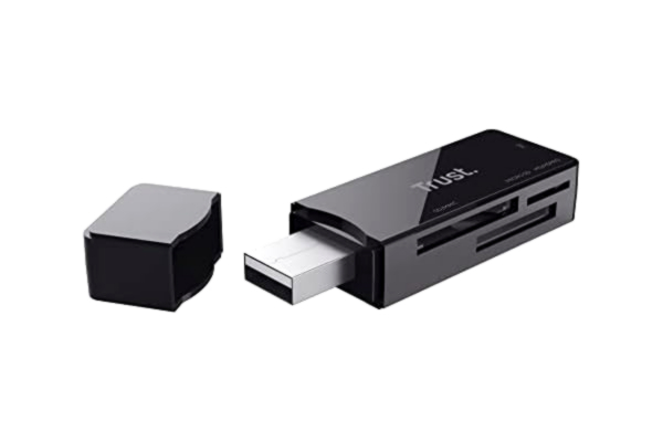 Trust  Nanga USB 3.2-kortläsare, kompatibel med SD, M2- och Micro SD-kort, 5 Gbps dataöverföringshastighet, kompakt design, minneskortadapter för Windows, Mac OS, PC, bärbar dator – svart