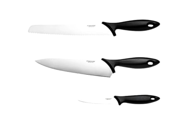 Fiskars  Starter Set, 3-delad knivuppsättning, kockkniv, brödkniv, parkniv (bladlängder: 20 cm, 23 cm, 11 cm), Essential, rostfritt stål / PP-plast, Svart, 1065583