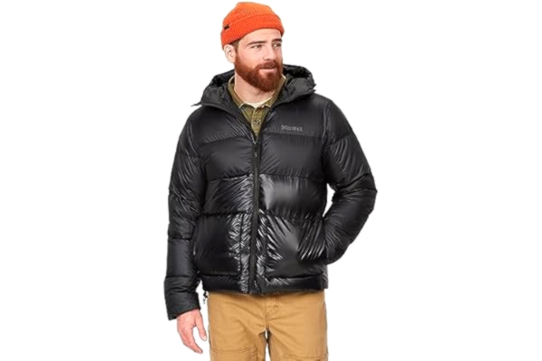 Marmot  Män Guides Down Hoody, Lätt dunjacka, varm vinterjacka, vattenavvisande quiltad jacka, vindtät funktionsjacka, liten packbar friluftsjacka med huva, Black, M