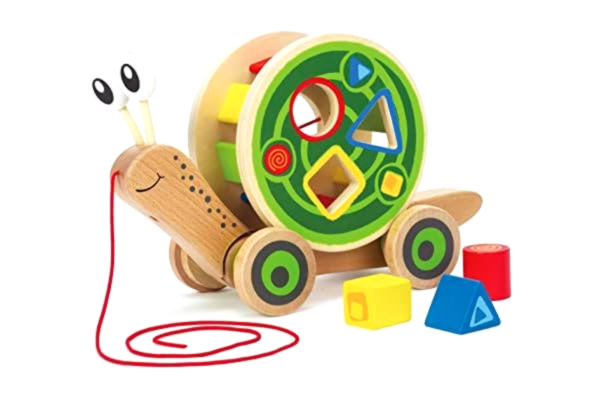 Hape  Walk-A-Long Snail Pull Toy,Award-Winning Toddler Wooden Push and Pull Toy with Removable Colour-Coded Shape Sorter Shell, Fun Educational Toy for Kids