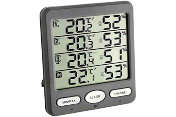 TFA  Dostmann trådlös termo-hygrometer ”KLIMA-MONITOR” med 3 sändare, 30.3054.10, idealisk för övervakning av rumsklimatet, larminställning, max-min-funktion, grå
