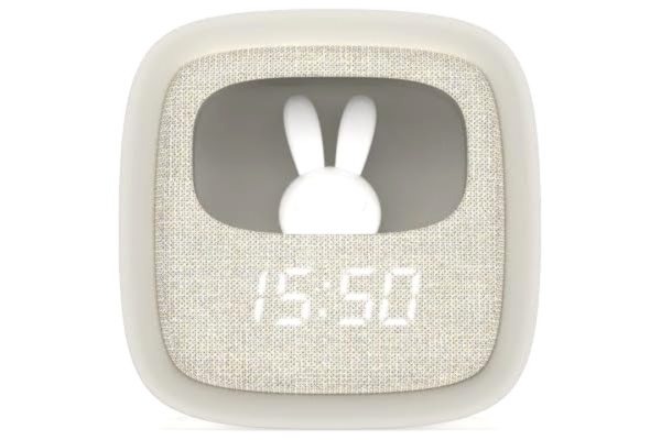 Mobility On Board MOB – MOBILITY ON BOARD Billy Clock barnväckarklocka och nattlampa - kaninmönster - framsida tyg - Soft-touch plastram - programmering av datum, tid och 3 larm (grå)