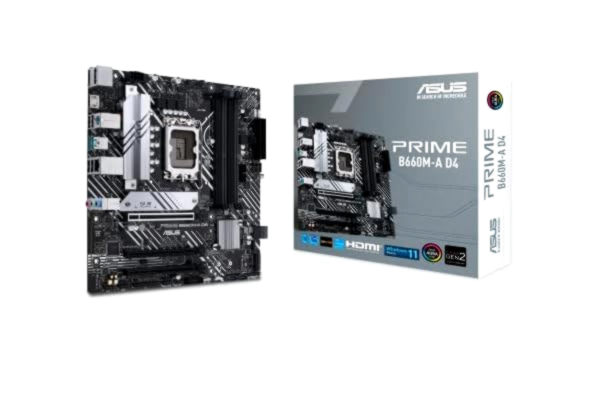 Asus ASUS PRIME B660M-A D4 – Carte mère Intel B660 LGA 1700 mATX (PCIe 4.0, 2 x M.2 slots, Intel 1Gb Ethernet, Display Port, 2 x HDMI, USB 3.2 Gen 2, USB 3.2 Gen 1 Type-C, Aura Sync RGB)