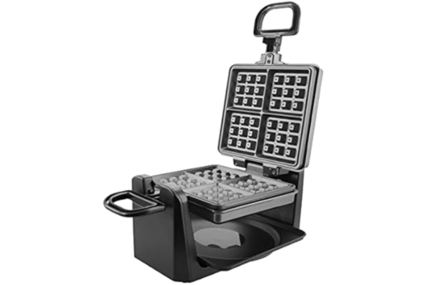 Emerio  Vridbart våffeljärn för 4 belgiska våfflor samtidigt, med professionell rotationsfunktion, non-stick plattor, temperaturregulator, 1 000 watt, "bra" testad, silver, WM-110984.4