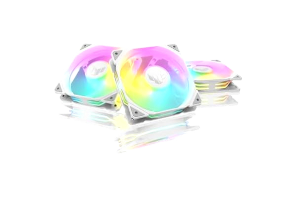 Asus ASUS TUF Gaming TR120 ARGB omvänd blad vit 3IN1 chassifläkt 3-pack (120 mm PWM PC-fläkt, 2 000 rpm, 2,75 mm H2O, 76,3 CFM luftflöde, 16 individuellt adresserbara RGB-lysdioder, vit)