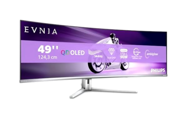 Philips  Evnia 49M2C8900L - 49 tum DQHD OLED böjd spelskärm, 144 Hertz, 0,03 ms GtG, HDR400, Ambiglow, FreeSync Prem. Pro (5120 x 1440, HDMI 2.1, DisplayPort 1.4, USB-C, USB-hubb) vit