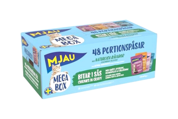 Mjau  MEGABOX 48 x 85 g kött och fisk i sås kattmat med havsöring, lax, kyckling och nötkött – våtfoder för katter i ett värdepaket
