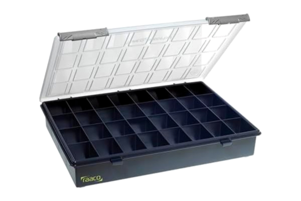 Raaco  Assorter 4–32: Sorteringslåda för verkstad, 32 fasta fack för små delar, säker förvaring genom skjutlås, bärbar, 26 x 33,8 x 5,7 cm, lätt och robust.