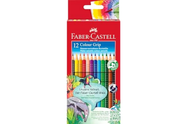 Faber-Castell  112412 Colour Grip Kritor, Skolset om 12 Kritor med Grepp och Triangelformad Hylsa, Vattenlösliga Pigment för TVättbara ur de Flesta Material, Bräckfria