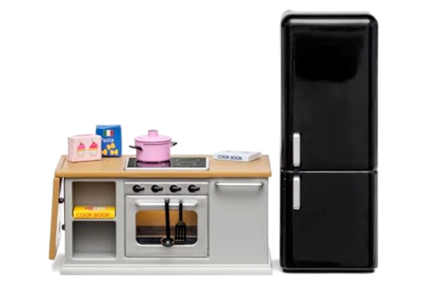 Lundby  Dockhus kök – miniatyr kök med miniatyr kylskåp och dockhus ugn – dockhus tillbehör – kök dockhus möbler set – dockhus möbler set – 11 cm dockor 1:18