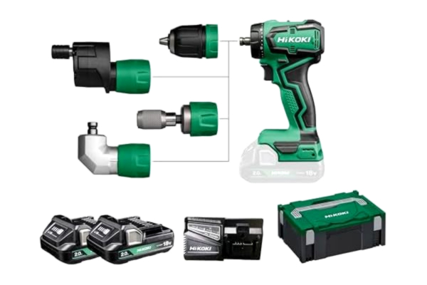 HiKOKI HIKOKI Batteridriven borrskruvdragare, Quick DS18DDQ (18 V, 2 x 2,0 Ah Li-ion batteri, max. Fast vridmoment (hård): 55 Nm, tomgångsvarvtal 2. Hastighet: 0–1700 min–1, borrchuck. : 1,5–13 mm) tillbehör