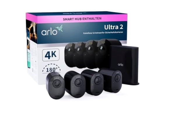 Arlo  Ultra 2 övervakningskamera utomhus WLAN, trådlös, set om 4, 4K UHD kvalitetsprodukt, 180° synfält, spotlight, färgmörkerseende, rörelsedetektor, larmsiren + med Arlo Secure testperiod