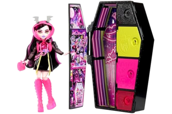 Monster High -docka och modeset, Draculaura-docka, Skulltimate Secrets: Neon Frights, utklädningsskåp med mer än 19 överraskningar, HNF78