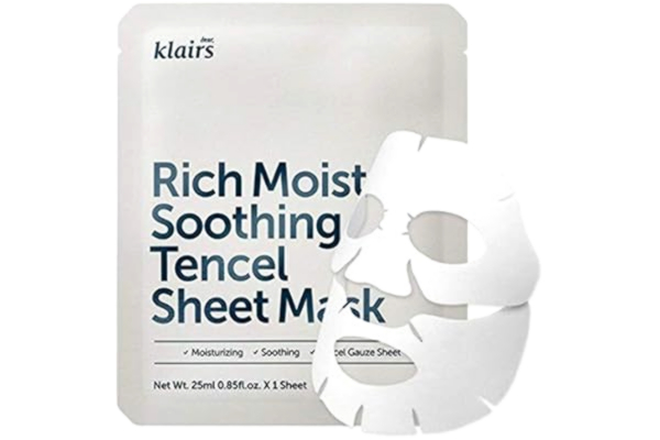 Klairs DearKlairs Rik, fuktgivande, lugnande tencel-bladmask, 25 ml, 1 blad, mask full av fuktgivande näringsämnen