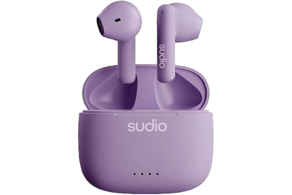 Sudio  A1 Purple, hörlurar med Bluetooth, beröringskontroll med kompakt trådlös laddningsskål IPX4 skyddad, bullergenomsläppliga hörlurar med integrerad mikrofon, premium kristallljud