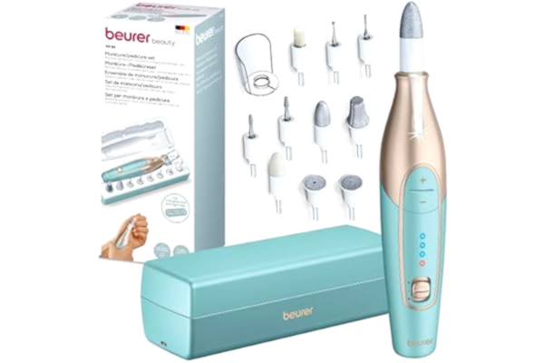 Beurer  MP 84 manikyr-/pedikyrset, elektrisk nagelfil med batteri, 10 tillbehör, LED-ljus, inklusive förvaringsfodral, upp till 4400 varv/min, turkos, nagelset för hand- och fotvård