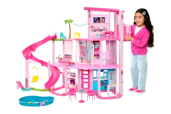 Barbie  Dreamhouse, poolparty i dockhuset med mer än 75 delar och en rutschkana i tre våningar, Barbie-huslekset, husdjurslift och lekområde för hundvalp, HMX10