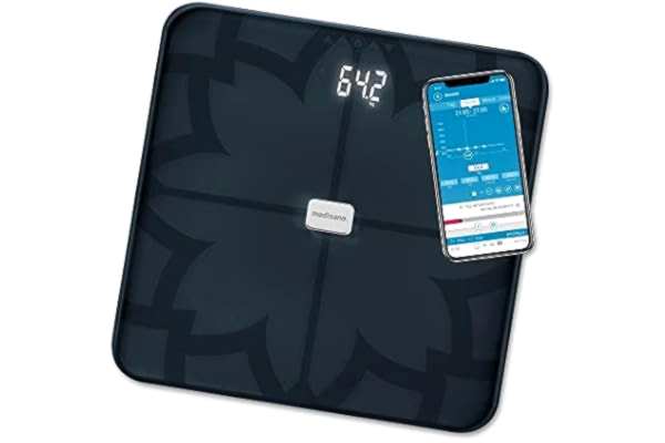 Medisana medisana BS 450 connect, digital kroppssammansättningsmätare 180 kg, svart personvåg för mätning av kroppsfett, kroppsvatten, muskelmassa och benvikt, kroppsfettmätare med app för kroppsanalys