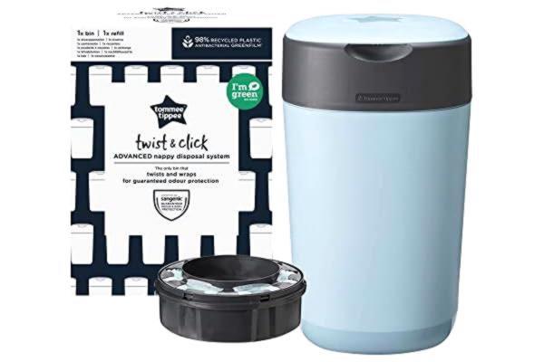 Tommee Tippee  Poubelle à Couches Avancée Twist & Click, Système Plus Respectueux de l’Environnement, Comprend 1x Cassette avec GREENFILM Antibactérien d’Origine Durable, Bleu