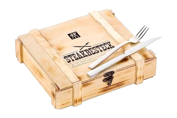 Zwilling ZWILLING Köttbestickset för 6 personer, 12 delar, 6 köttknivar och 6 köttgafflar, Inkl. förvaringslåda av trä, Rostfritt stål/Trä