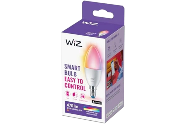 WiZ  Color/RGB - Smart LED belysning (WiFi och Bluetooth), C37, 40W, E14, 2200-6500 Kelvin, Dimbar i kallvitt till varmvitt + 16 miljoner färger