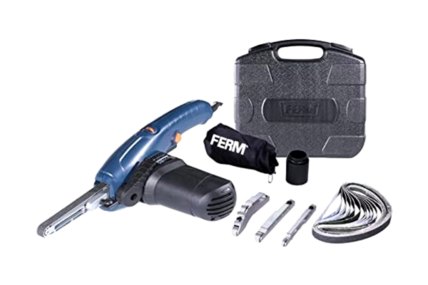 Ferm  EFM1001 Precisie bandschuurmachine 400W - Variabel toerental - inclusief 3 Slijparmen en 12 Slijpbanden in een stevige opbergkoffer
