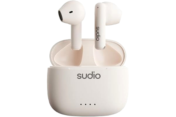 Sudio  A1 Snow White, hörlurar med Bluetooth, beröringskontroll med kompakt trådlös laddningsskål IPX4 skyddade, bullergenomsläppliga hörlurar med integrerad mikrofon, premium kristallljud