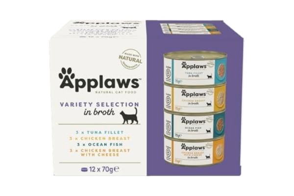 Applaws  100% naturligt premiumvåtfoder för katter i buljong för vuxna katter – tonfisk, kyckling, havsfisk blandat urval i buljong – förpackning med 12 x 70 g burkar