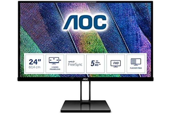 AOC  24V2Q - 24 Inch FHD Monitor, 75Hz, 5ms, IPS, AMD FreeSync, Ultra Slim, FlickerFree, LowBlue mode (1920 x 1080 @ 75Hz, 250cd/m², HDMI 1.4 x 1, DisplayPort 1.2 x 1)