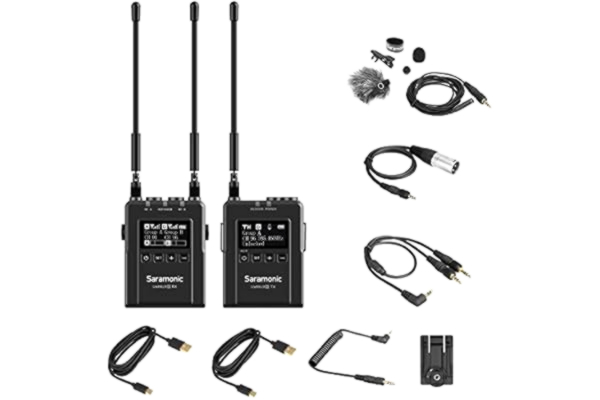 Saramonic  UwMic9S 1 UHF Trådlös tvättställ med dubbelkanalsmottagare för kamera, DK3A tvättställ, Li-ion-strömförsörjning, hårt fodral med mera