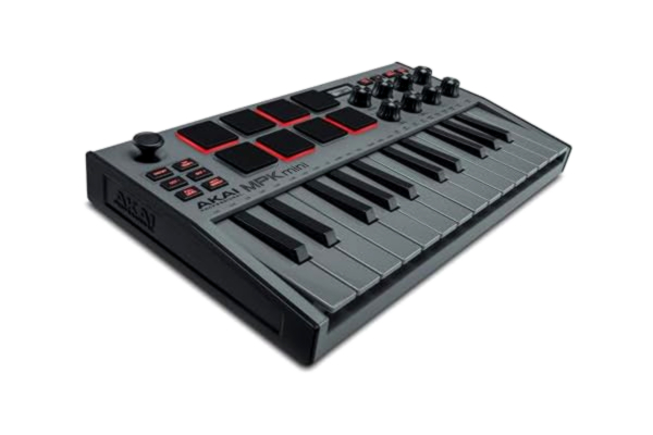 Akai Professional  MPK Mini MK3 - USB MIDI Keyboard Controller med 25 tangenter, 8 trumpads, 8 rattar, software för musikproduktion, Native Instruments ljudpaket (NKS Integration), Grå