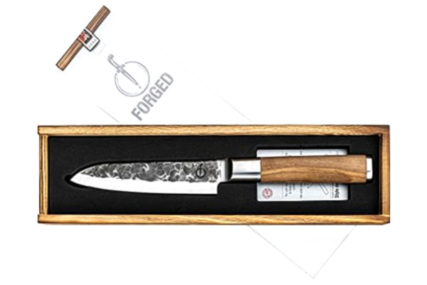 Forged  Olive Santokukniv 14 cm, handgjord, i trälåda
