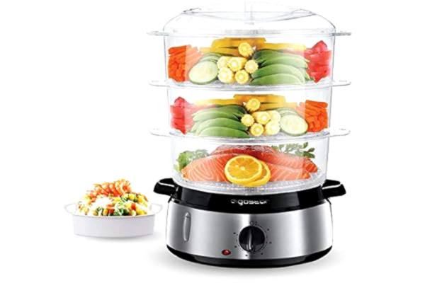 Aigostar  Fitfoodie Steel 30INA - Cuiseur vapeur électrique 0% BPA. Puissance de 800W, minuterie, 3 niveaux indépendants de cuisson et base en acier inoxydable. Cuisine saine. Design exclusif.