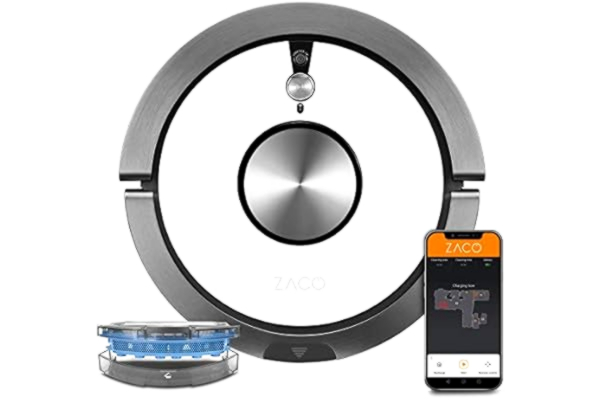 Zaco ZACO A9sPro robot aspirateur laveur avec WiFi, Alexa, Google, app - robot autonome intelligent 2en1, navigation cartographie, caméra, nettoyeur lavant pour sols durs, tapis, poil animaux, blanc neige