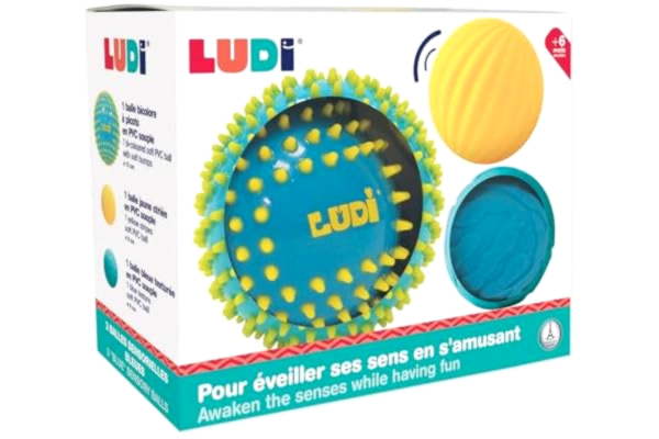 Ludi LUDI - Set med 3 sensoriska bollar i blått och gult – olika upplevelsebollar – 1 stor massagekula + 2 små bollar – 15 och 8 cm – mjuk plast – från 6 månader