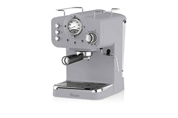 Swan  Retro Pump Espresso Coffee Machine, Grey, 15 Bars of Pressure, Milk Frother, 1.2L Tank, SK22110GRN