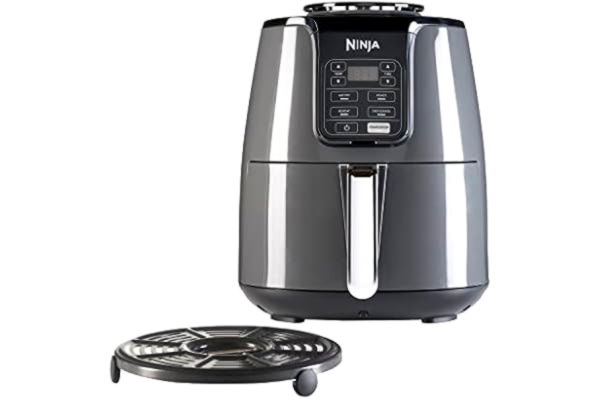 Ninja  luftfritös, 3,8 l, 4-i-1, använder ingen olja, luftfritera, rosta, torka, nonstick, diskmaskinssäker korg, 2–4 portioner, digital, grå och svart, AF100EU