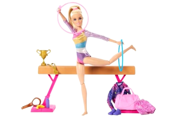 Barbie -gymnastdocka med tillbehör, lekset med blond modedocka, C-klämma för vändningar, balansbom, uppvärmningsdräkt med mera, HRG52