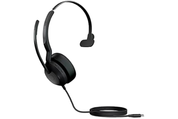 Jabra  Evolve2 50 trådbundet mono-headset med Jabra AirComfort-teknik, brusreducerande mikrofoner och aktiv brusreducering – fungerar med alla ledande UC-plattformar som Zoom och Google Meet – svart