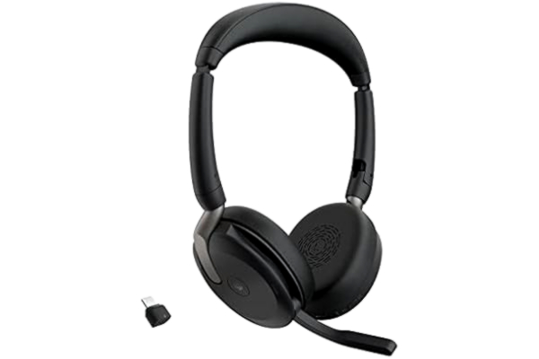 Jabra  Evolve2 65 Flex – stereoheadset med Bluetooth, trådlös laddningsdyna, brusreducerande Jabra ClearVoice Technology och Hybrid ANC – certifierad för MS Teams – svart