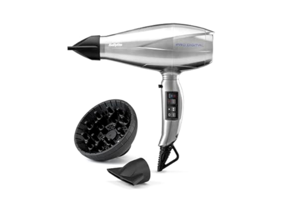 BaByliss  Pro Digital Hårfön med Diffuser - 2200 W Ultrasnabb Professionell Jonisk Hårön, Tillverkad i Italien, 3 Värme- & 2 Hastighetsinställningar, Silver, 6000E